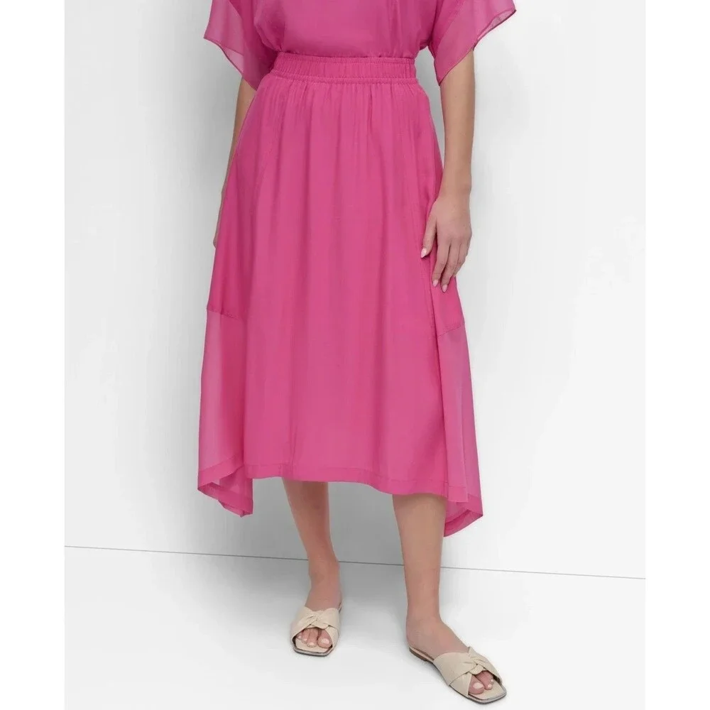 DKNY Women's Handkerchief Hem Mixed Media Maxi Skirt Vivid Pink Size XL